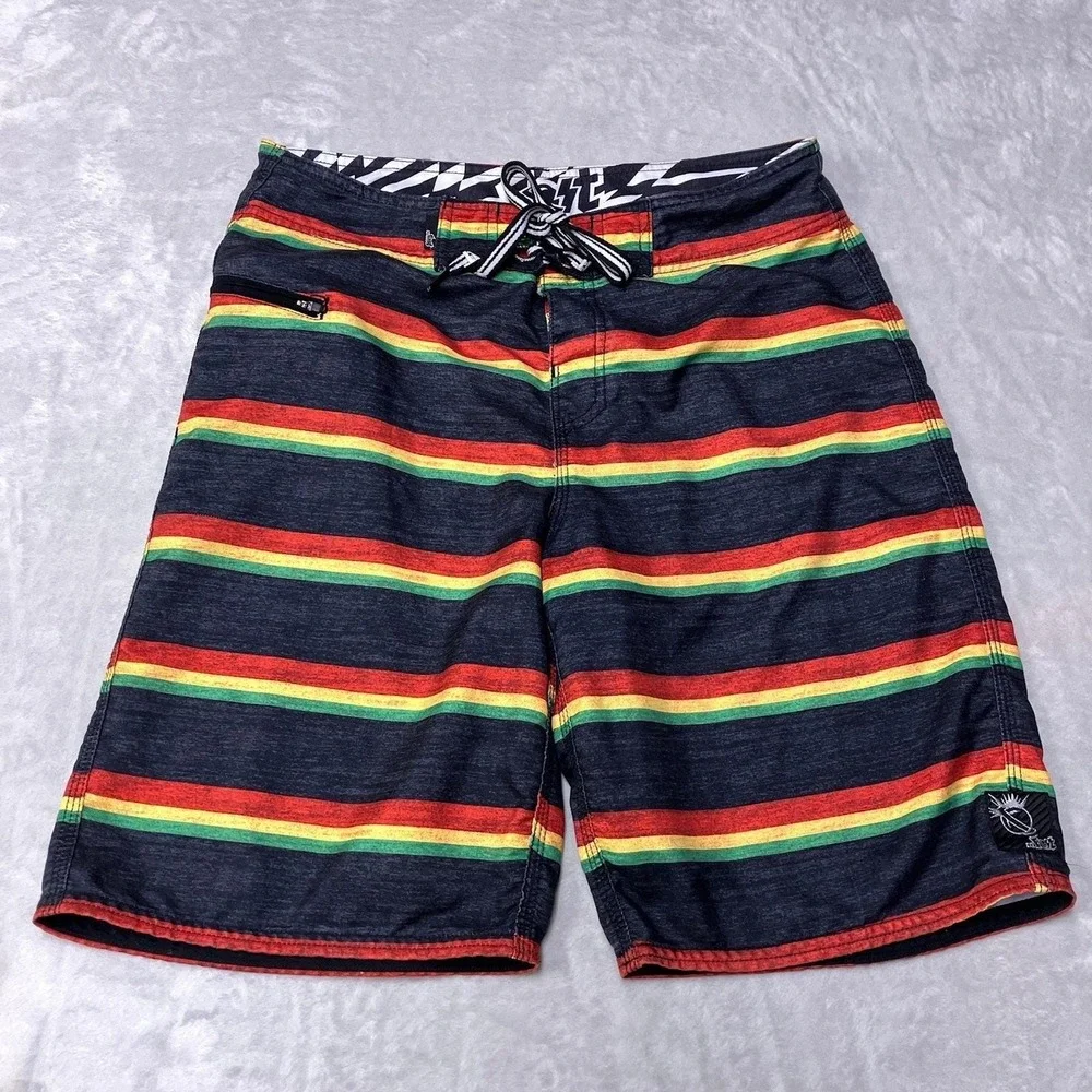 Vintage Lost Enterprises Board Shorts Rasta Striped Surf Skate Swim Y2K Mens 32